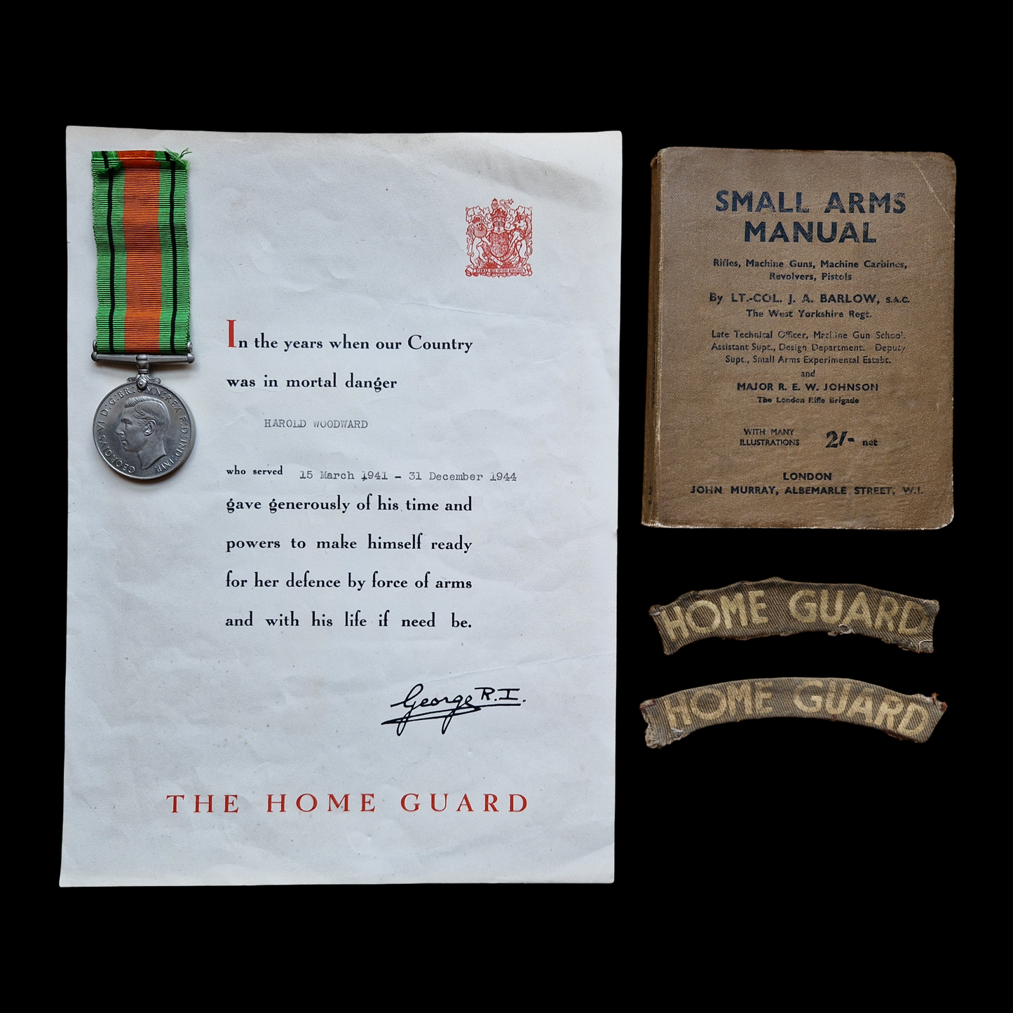 WW2 Home Guard British Defence Medal Certificate Shoulder Title Home Front
