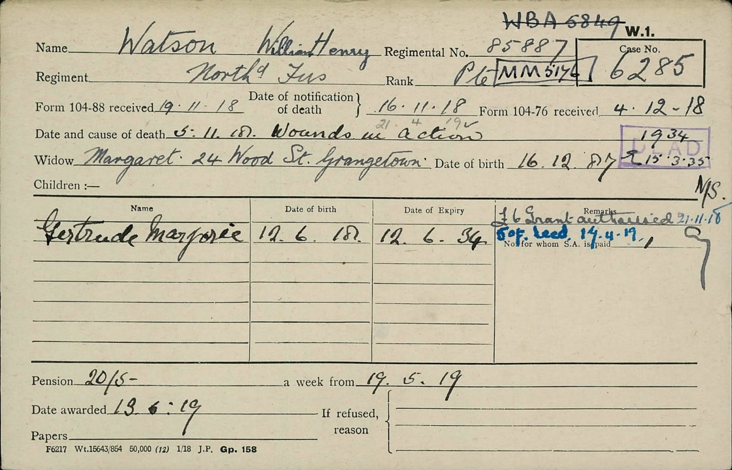 Northumberland Fusiliers - Died of Wounds 5th Nov 1918 France - WW1 Medal Pair - From Grangetown