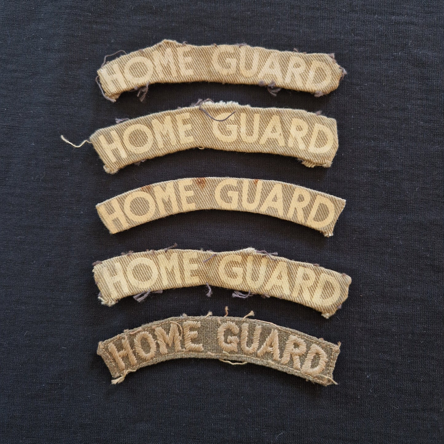 WW2 Home Guard Printed and Woven Cloth Shoulder Titles (x5)