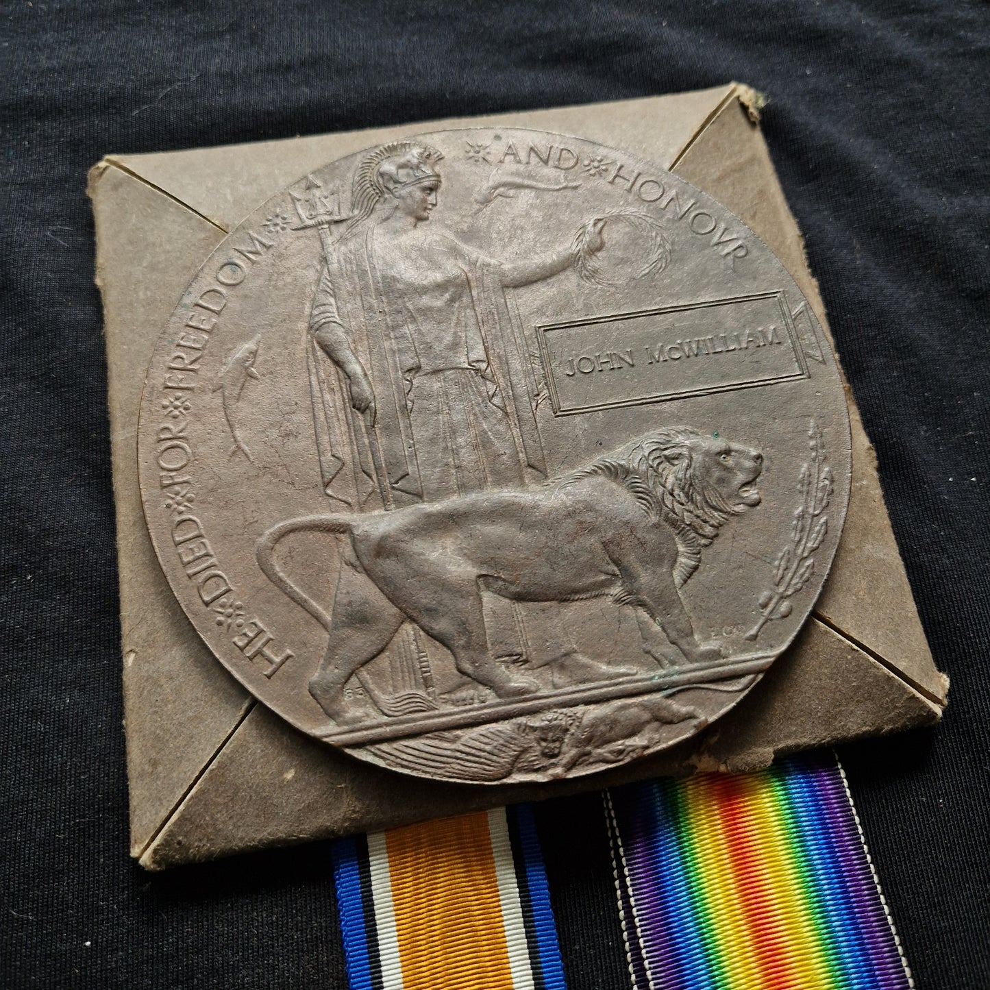 Black Watch (Royal Highlanders) - Killed in Action March 1918 - WW1 Medal Pair Memorial Plaque - From Pitcapel, Aberdeenshire