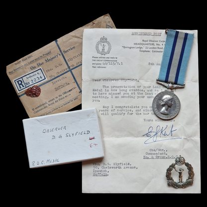 Royal Observer Corps Medal to D.G. Slyfield, Ipswich – Complete with Docs & Box
