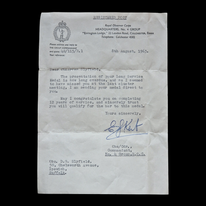 Royal Observer Corps Medal to D.G. Slyfield, Ipswich – Complete with Docs & Box