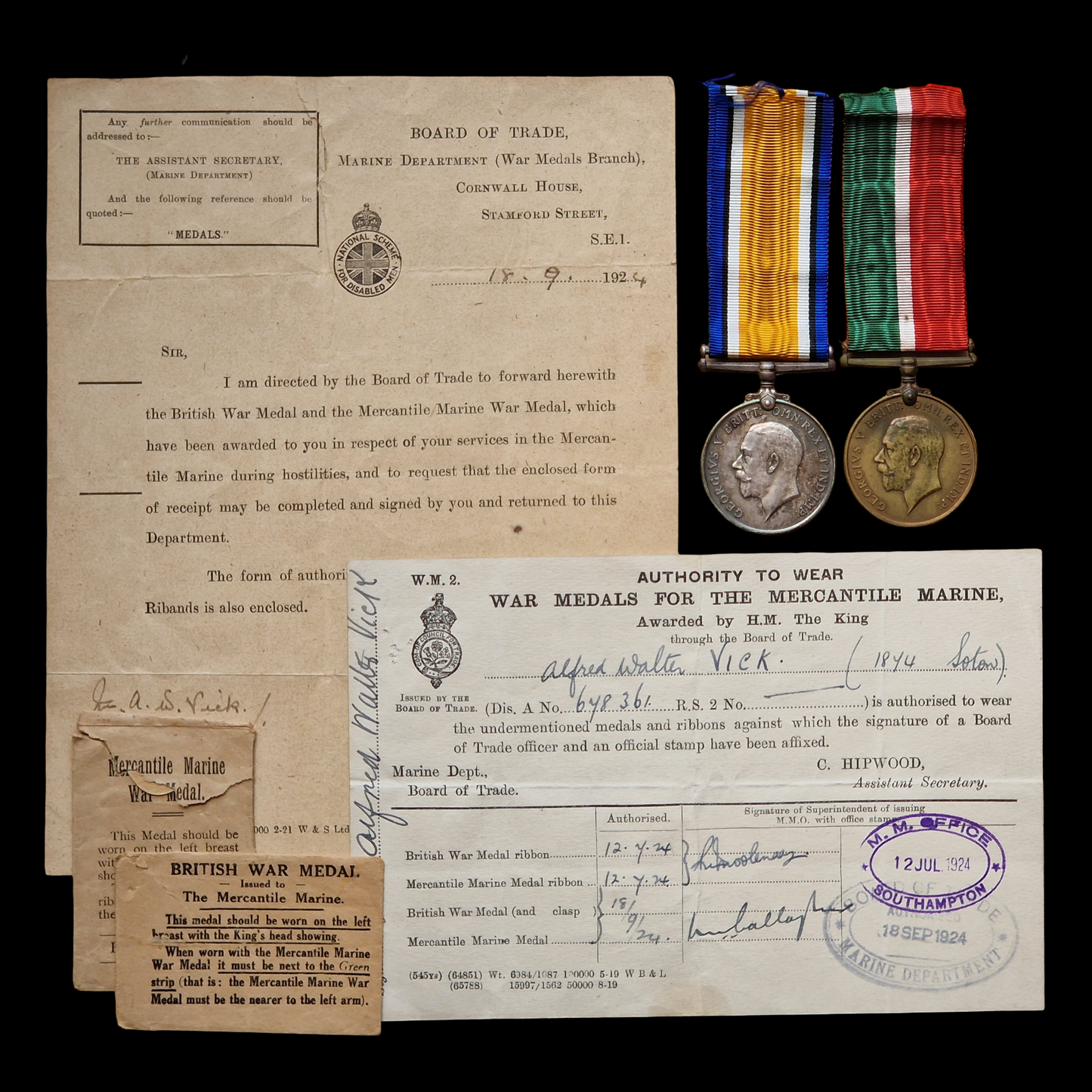 Mercantile Marine WW1 British Medal Pair VICK Chief Steward Southampton Jersey