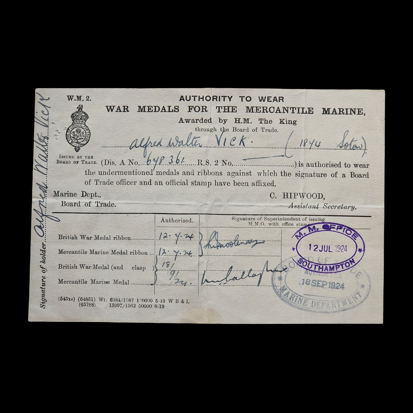 Mercantile Marine WW1 British Medal Pair VICK Chief Steward Southampton Jersey