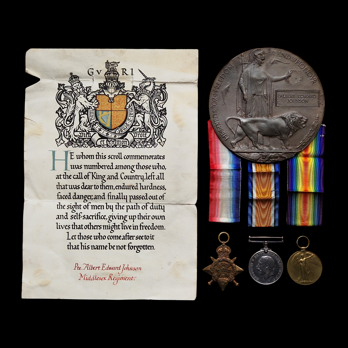 Middlesex Regiment KIA Loos 1915 WW1 1914 Mons Medal Trio Memorial Plaque Scroll