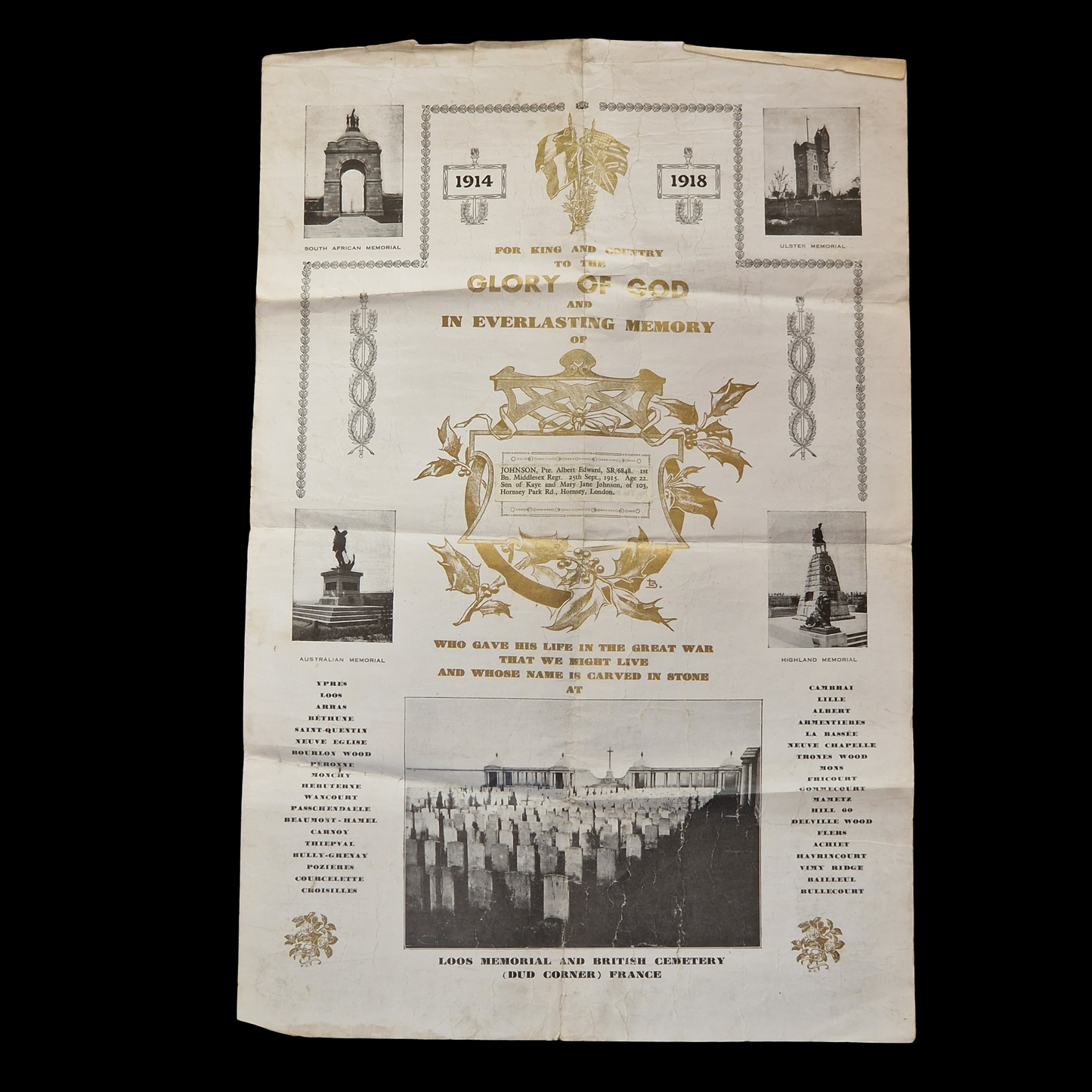 Middlesex Regiment KIA Loos 1915 WW1 1914 Mons Medal Trio Memorial Plaque Scroll