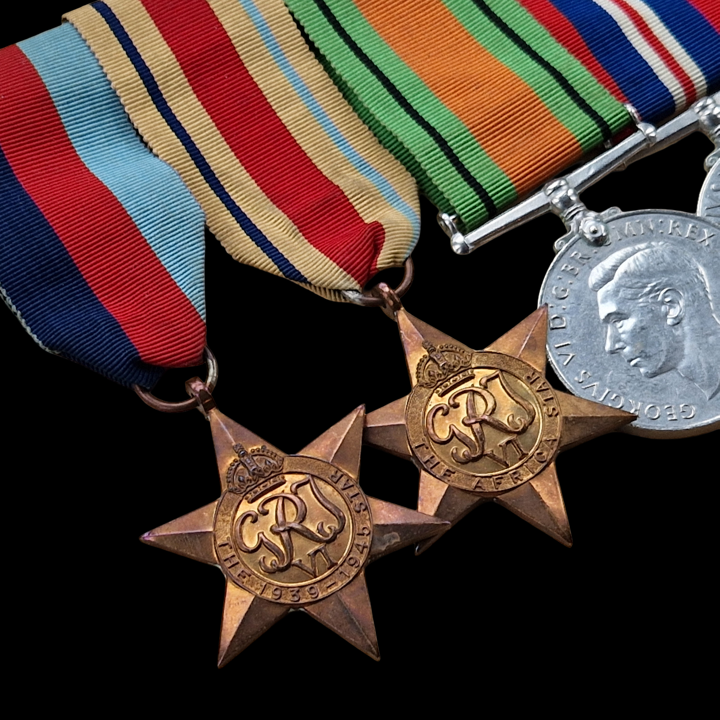 WW2 British Medal Group 1939–45 Star, Africa Star, Defence & War Medals, Mounted as Worn