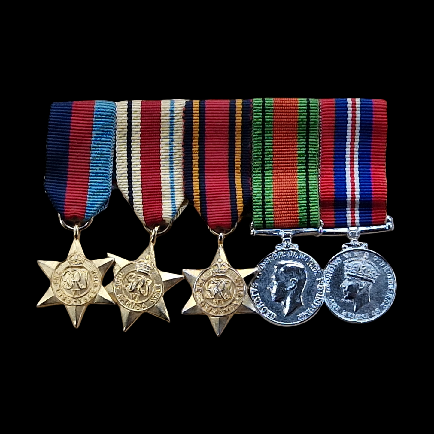 WW2 British Miniature Medal Group 1939–45 Star, Africa Star, Burma Star, Defence Medal, & War Medal