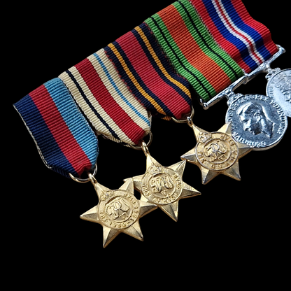 WW2 British Miniature Medal Group 1939–45 Star, Africa Star, Burma Star, Defence Medal, & War Medal