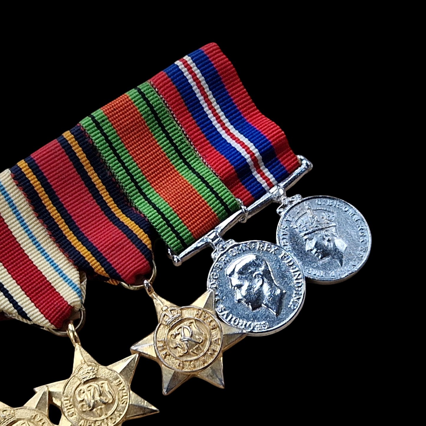 WW2 British Miniature Medal Group 1939–45 Star, Africa Star, Burma Star, Defence Medal, & War Medal