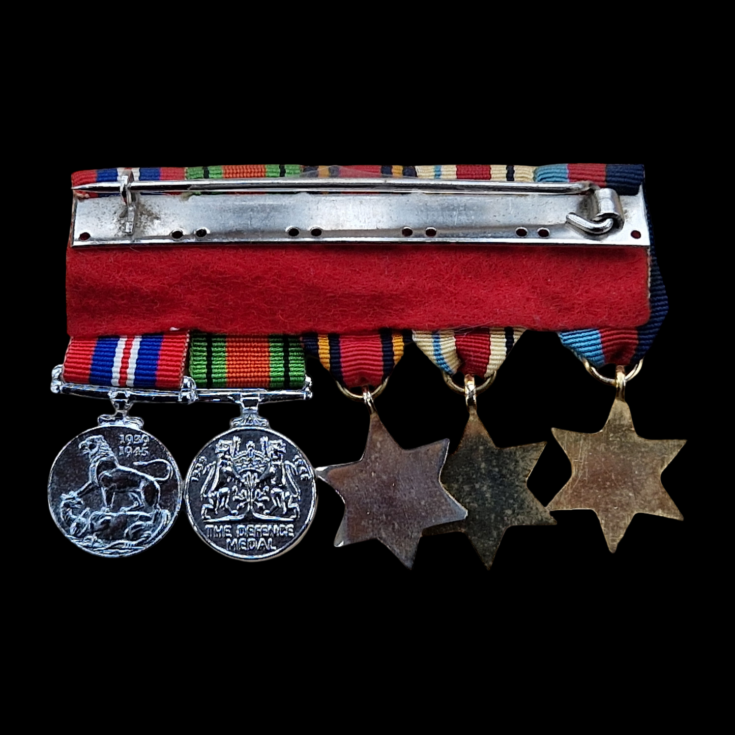 WW2 British Miniature Medal Group 1939–45 Star, Africa Star, Burma Star, Defence Medal, & War Medal