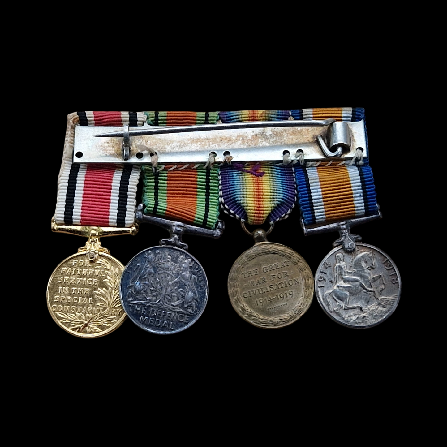 WW1 British Miniature Medal Group - British War Medal, Victory with MiD Oakleaf, Defence, & Special Constabulary Long Service Medal