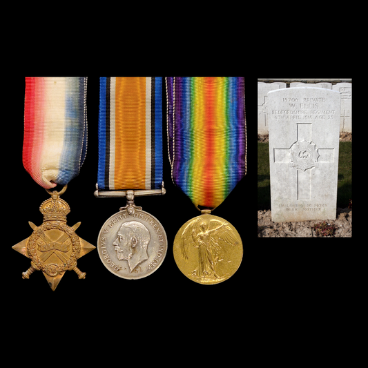 Bedfordshire Regiment KIA 1918 WW1 British Medal Trio Pte. Ellis from Hertfordshire