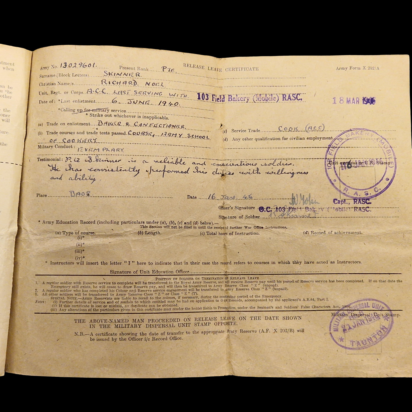 103 Field Bakery, Royal Army Service Corps WW2 British Medal Group A.C.C. from Didcot