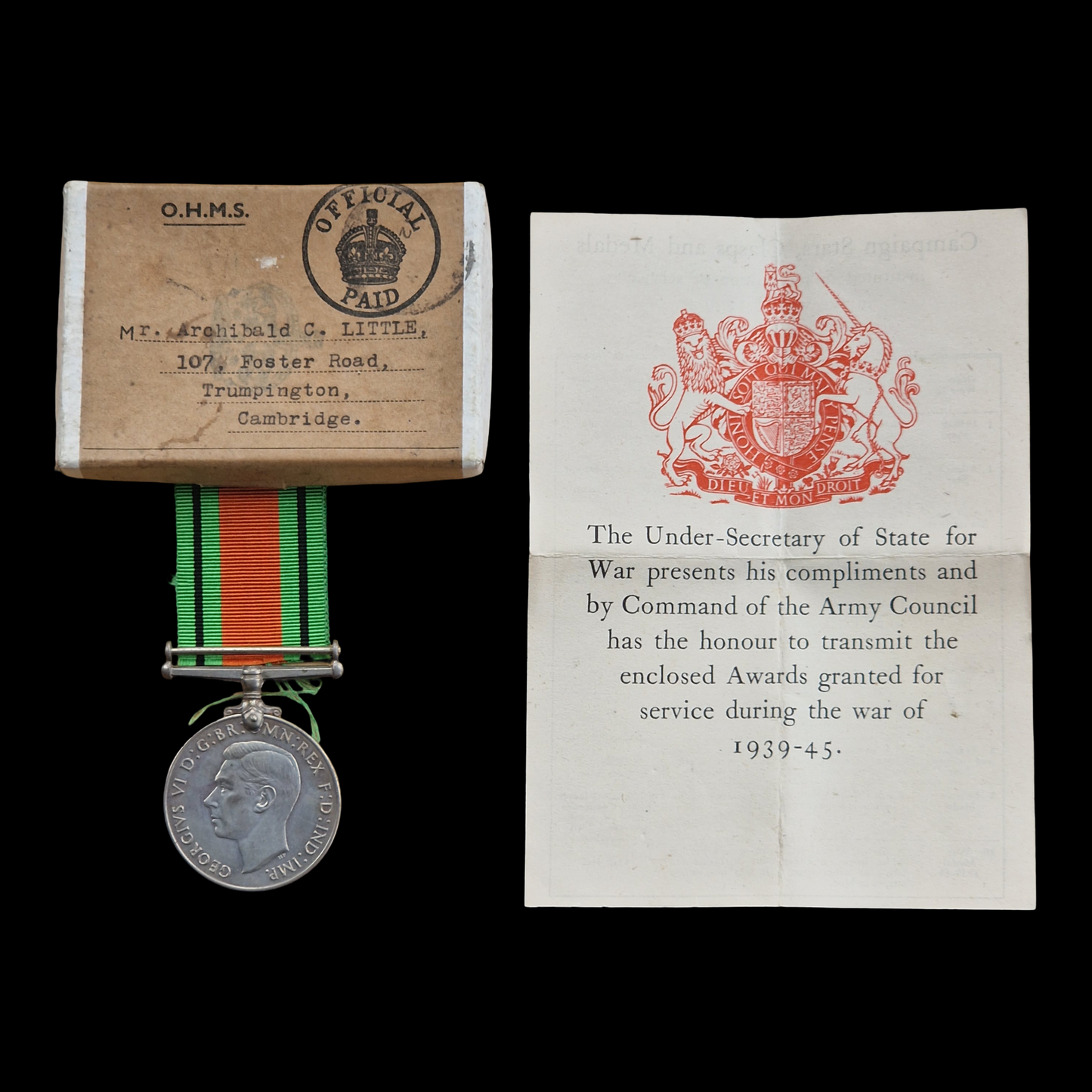 Home Front WW2 Defence Medal to Archibald Cecil Little, Trumpington, Cambridge