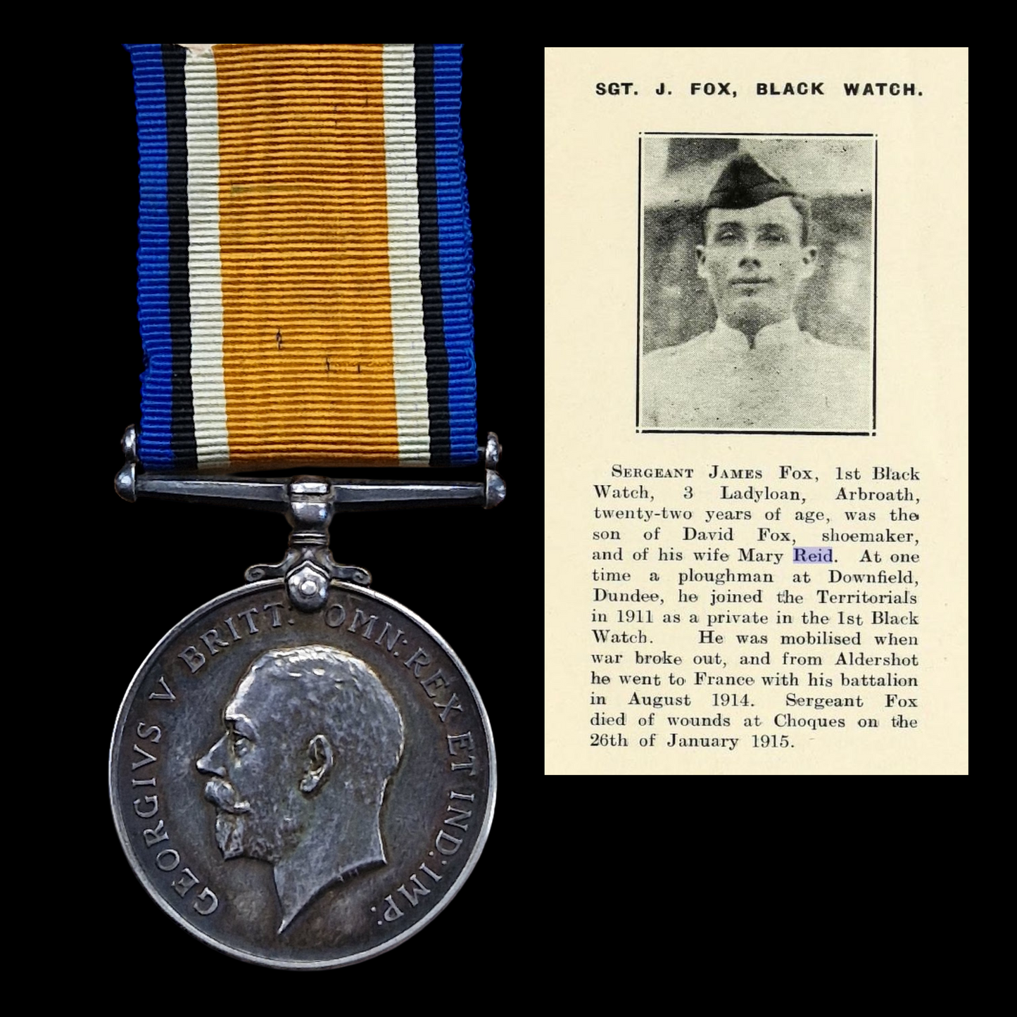 1st Black Watch Royal Highlanders DOW 1915 Arbroath Dundee WW1 British War Medal