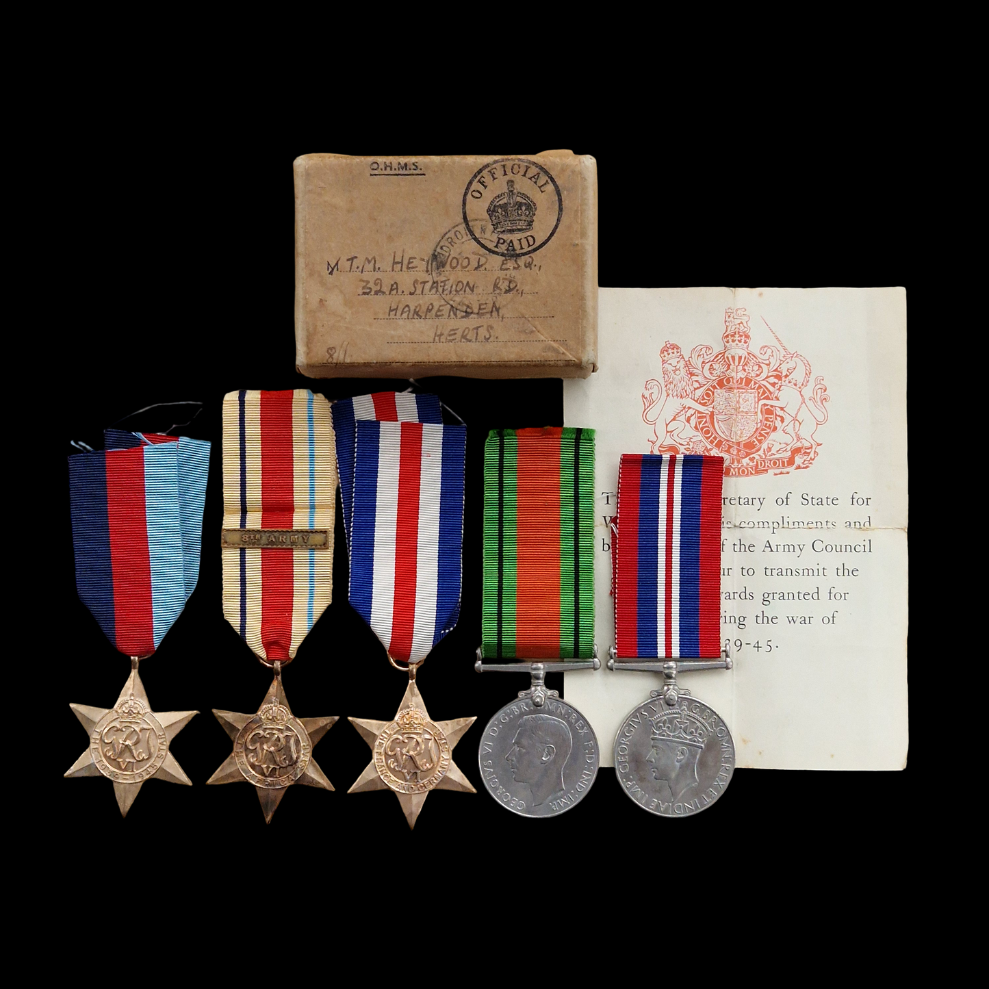 Royal Army Service Corps CAPTAIN Medal Group WW2 Harpenden 8thArmy Africa France