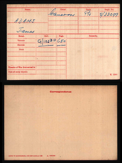 1st Bn. Cameron Highlanders WW1 British Victory Medal Pte. James Adams