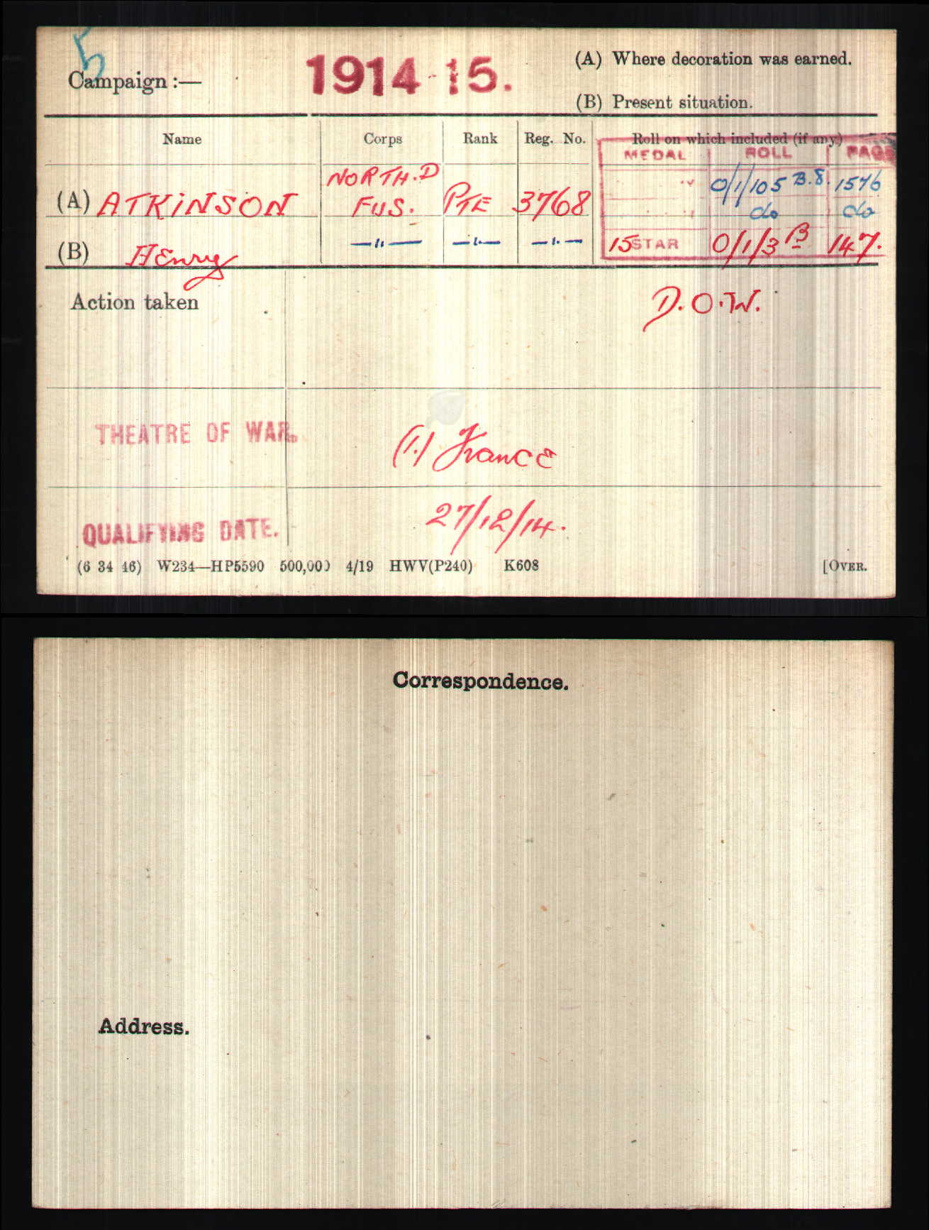 Northumberland Fusiliers DOW Somme 1916 1914-15 Star WW1 Medal Gateshead-on-Tyne