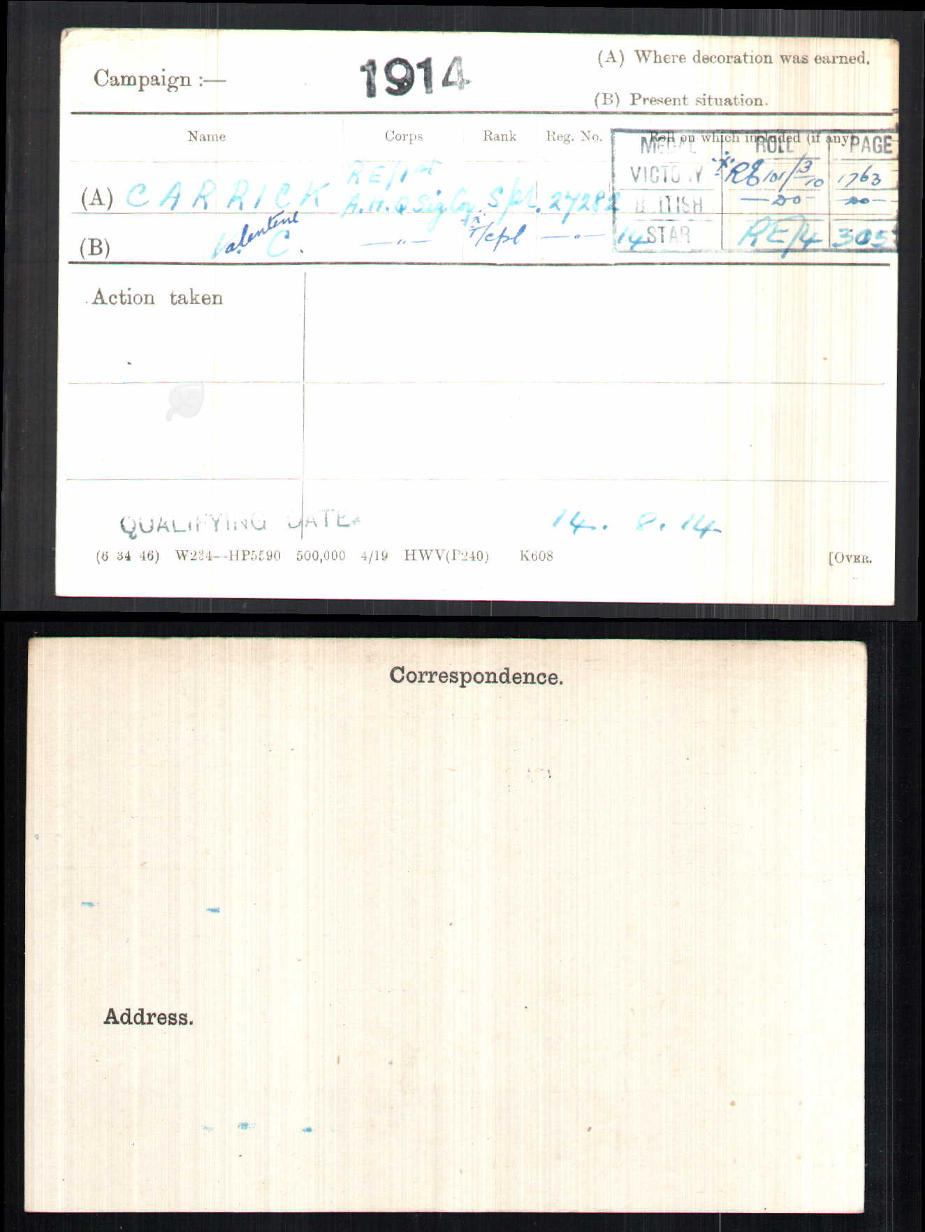 Royal Engineers 1st Army HQ Sig. Coy. - 1914 Mons Star Victory Medal - Shepherds Bush