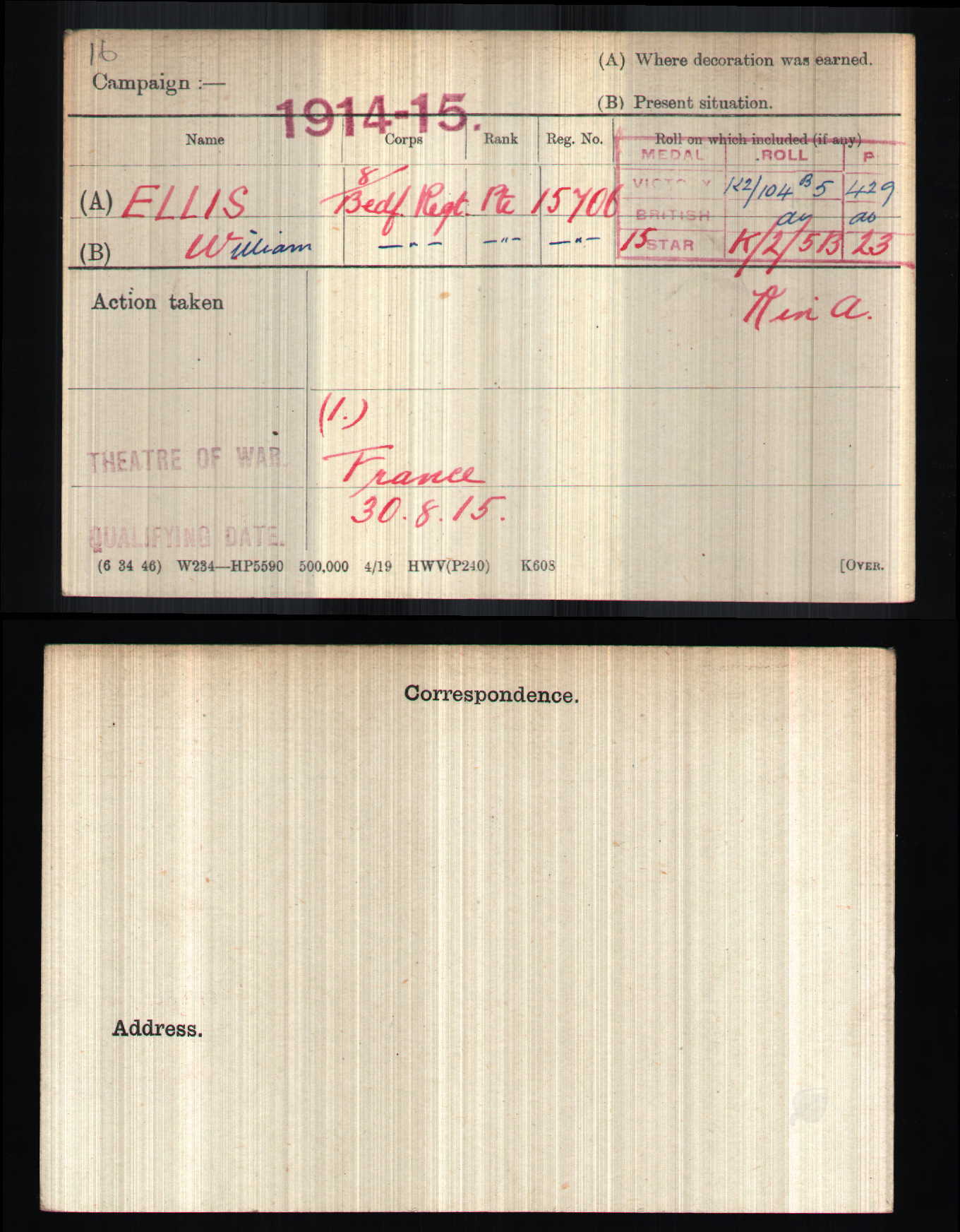 Bedfordshire Regiment KIA 1918 WW1 British Medal Trio Pte. Ellis from Hertfordshire