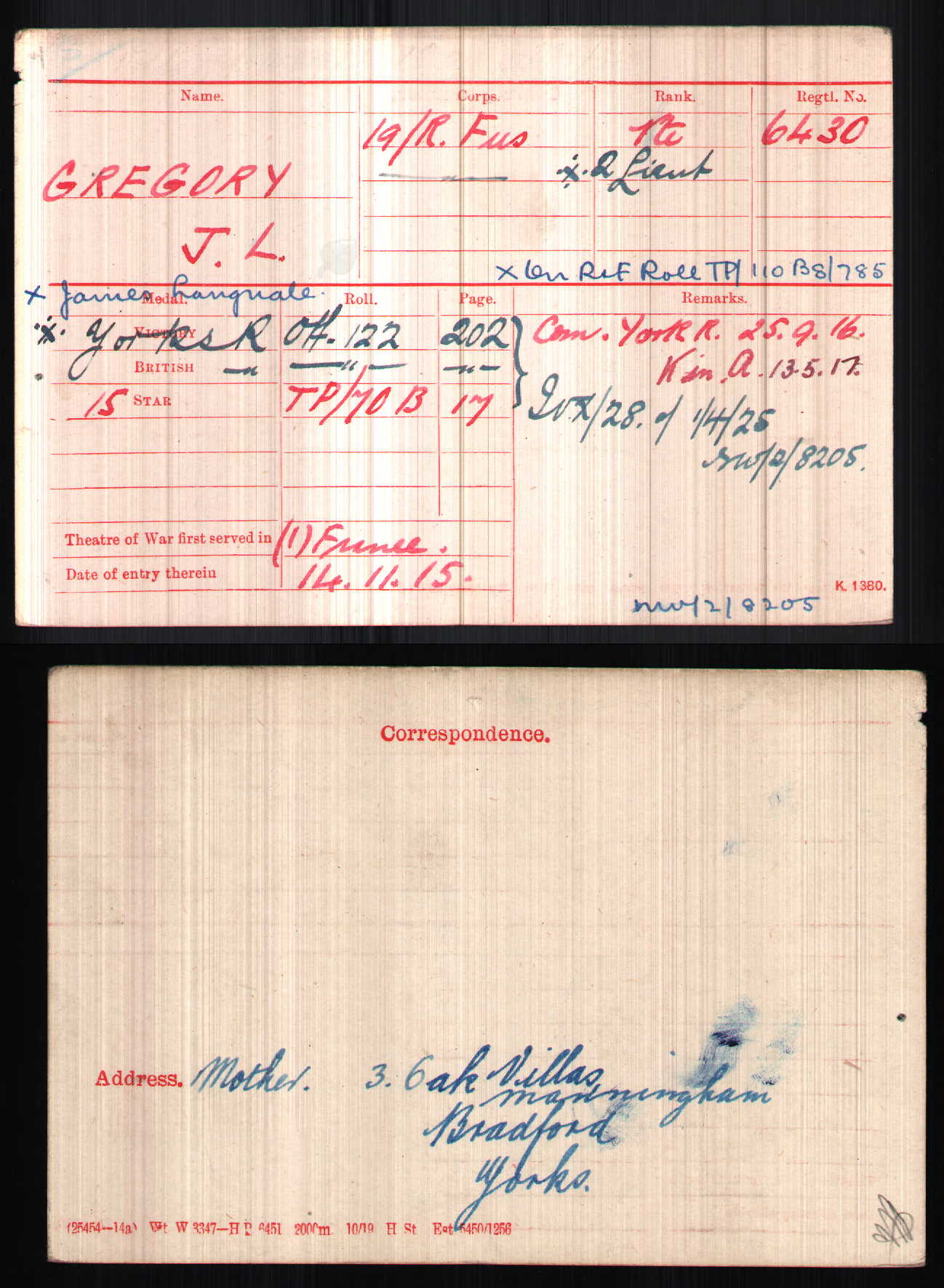 Yorkshire Regiment Officer - Killed in Action Ypres 1917 - Attd RE - WW1 Victory Medal - From Bradford