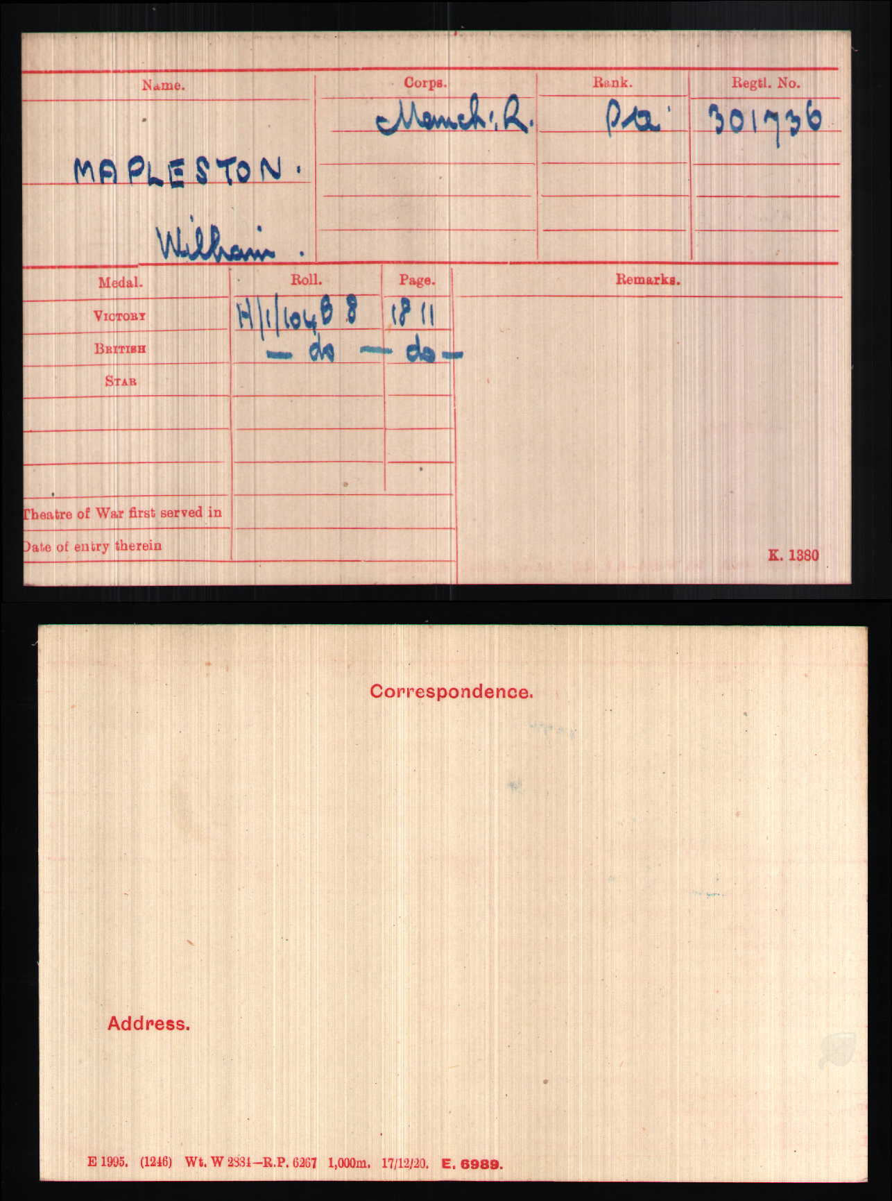 8th Bn. Manchester Regiment - Died of Wounds 1918 - WW1 Victory Medal - From Manchester