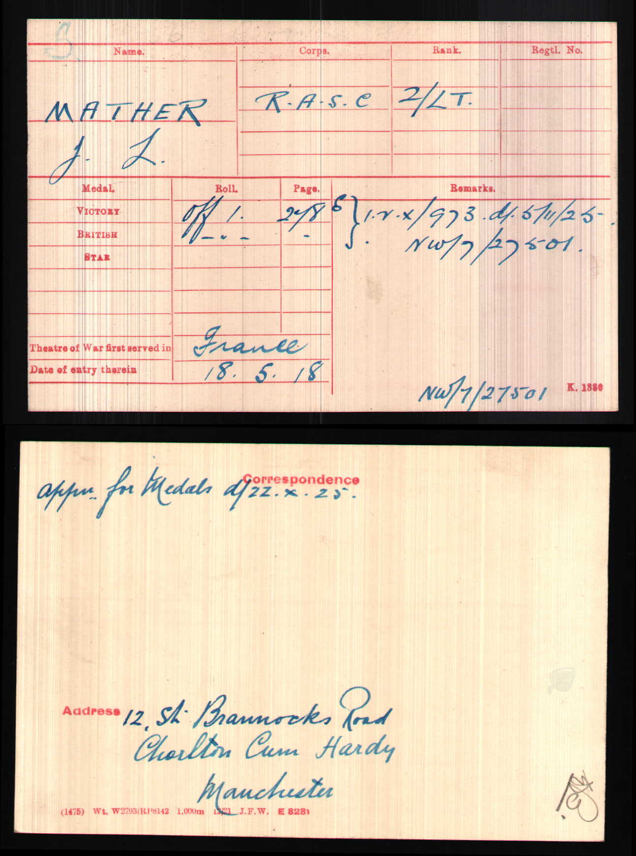 Army Service Corps Officer – 2nd Lieutenant J. L. Mather – WW1 Victory Medal - From Chorlton-cum-Hardy, Manchester