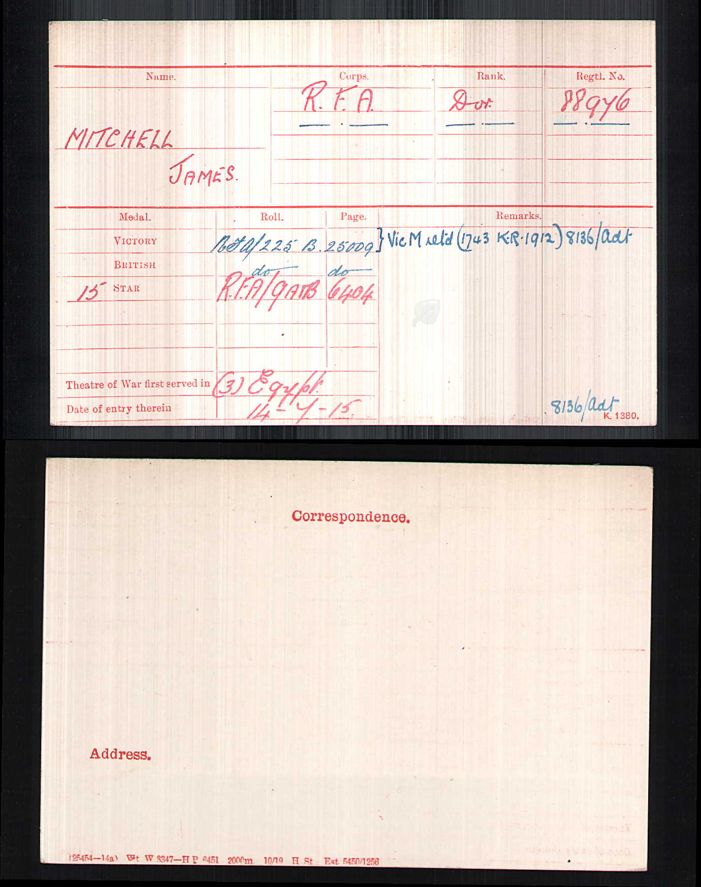 Royal Field Artillery - WW1 Medals - Rodley Leeds - Late West Riding Regiment - Victory Medal Returned
