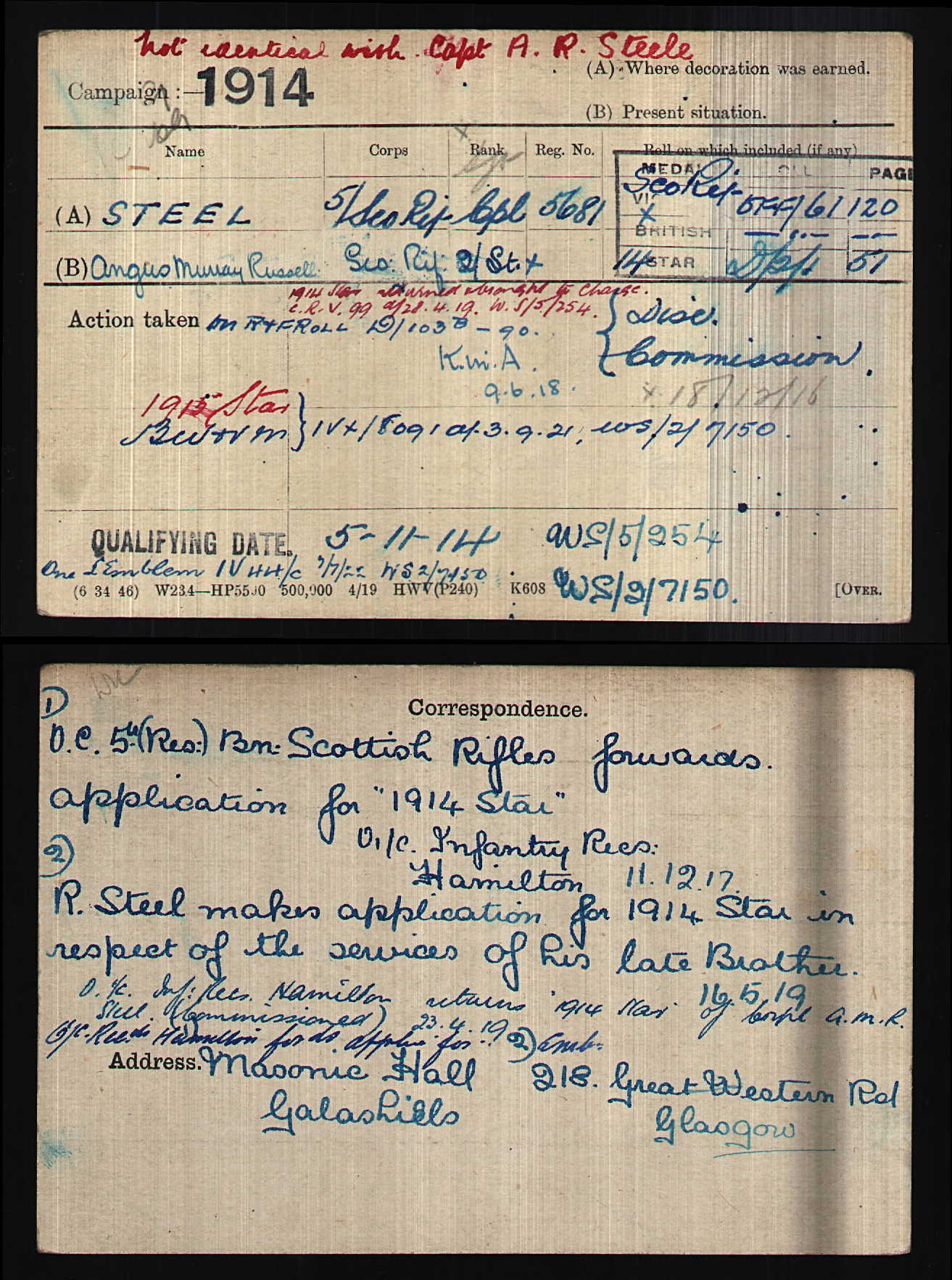 Cameronians Scottish Rifles Officer KIA 1918 MID WW1 Victory Medal from Glasgow