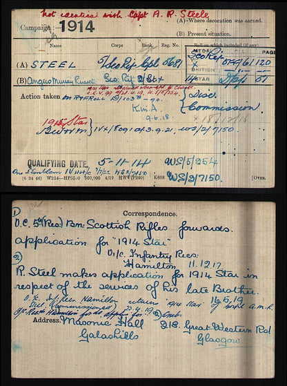 Cameronians Scottish Rifles Officer KIA 1918 MID WW1 Victory Medal from Glasgow