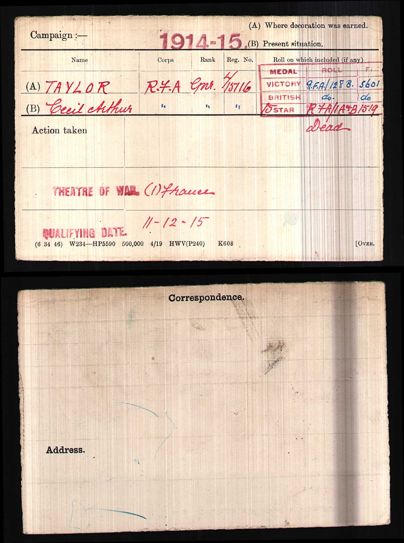 122nd Bde Royal Field Artillery DOW 1918 Medal Trio WW1 Casualty Camberwell