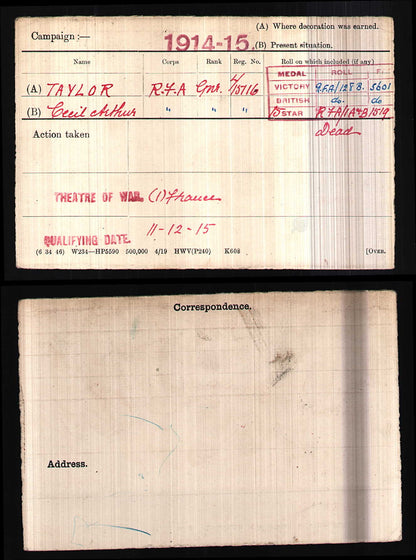 122nd Bde Royal Field Artillery DOW 1918 Medal Trio WW1 Casualty Camberwell