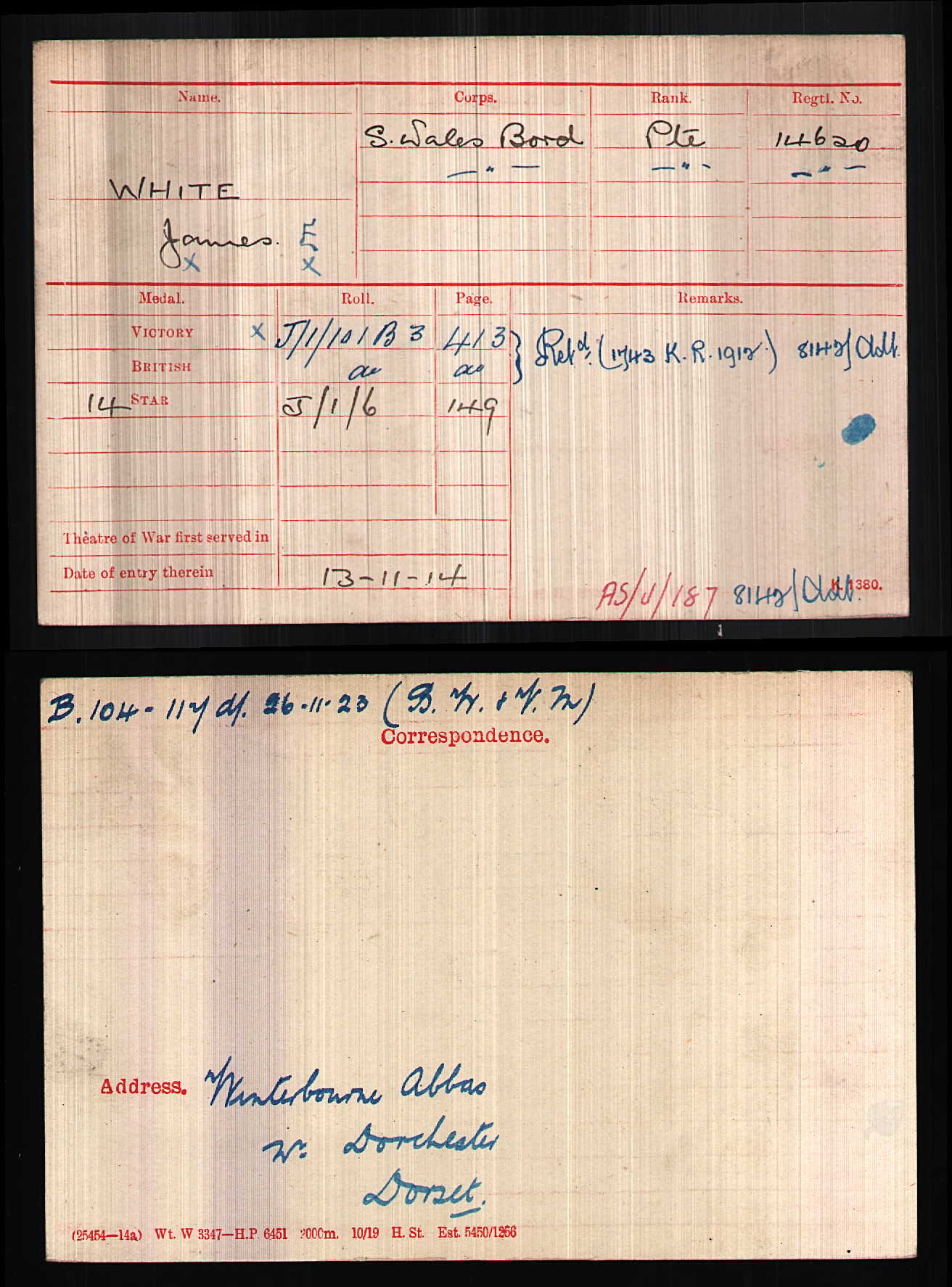 South Wales Borderers - 1914 Mons Star Medal Trio - Winterbourne Abbas, Dorset