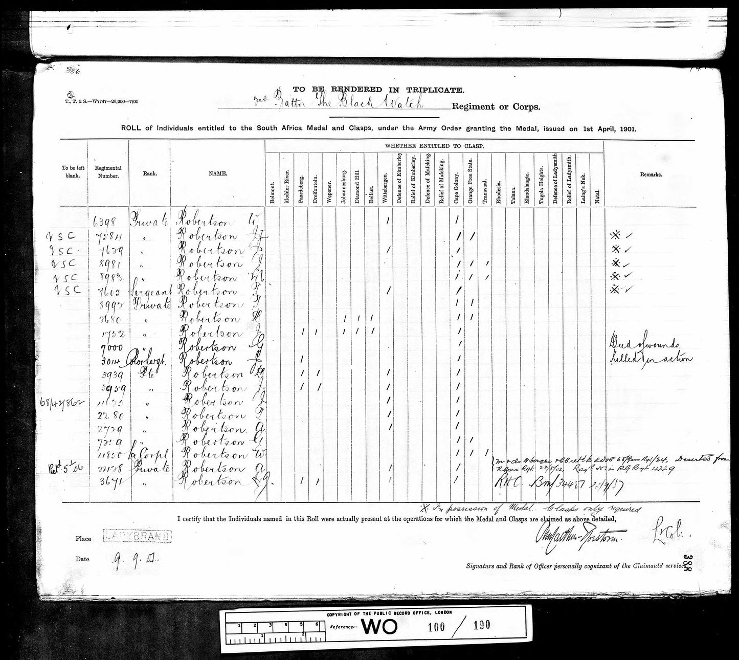 Black Watch (Royal Highlanders) - Queen's South Africa Medal - Kirkcaldy