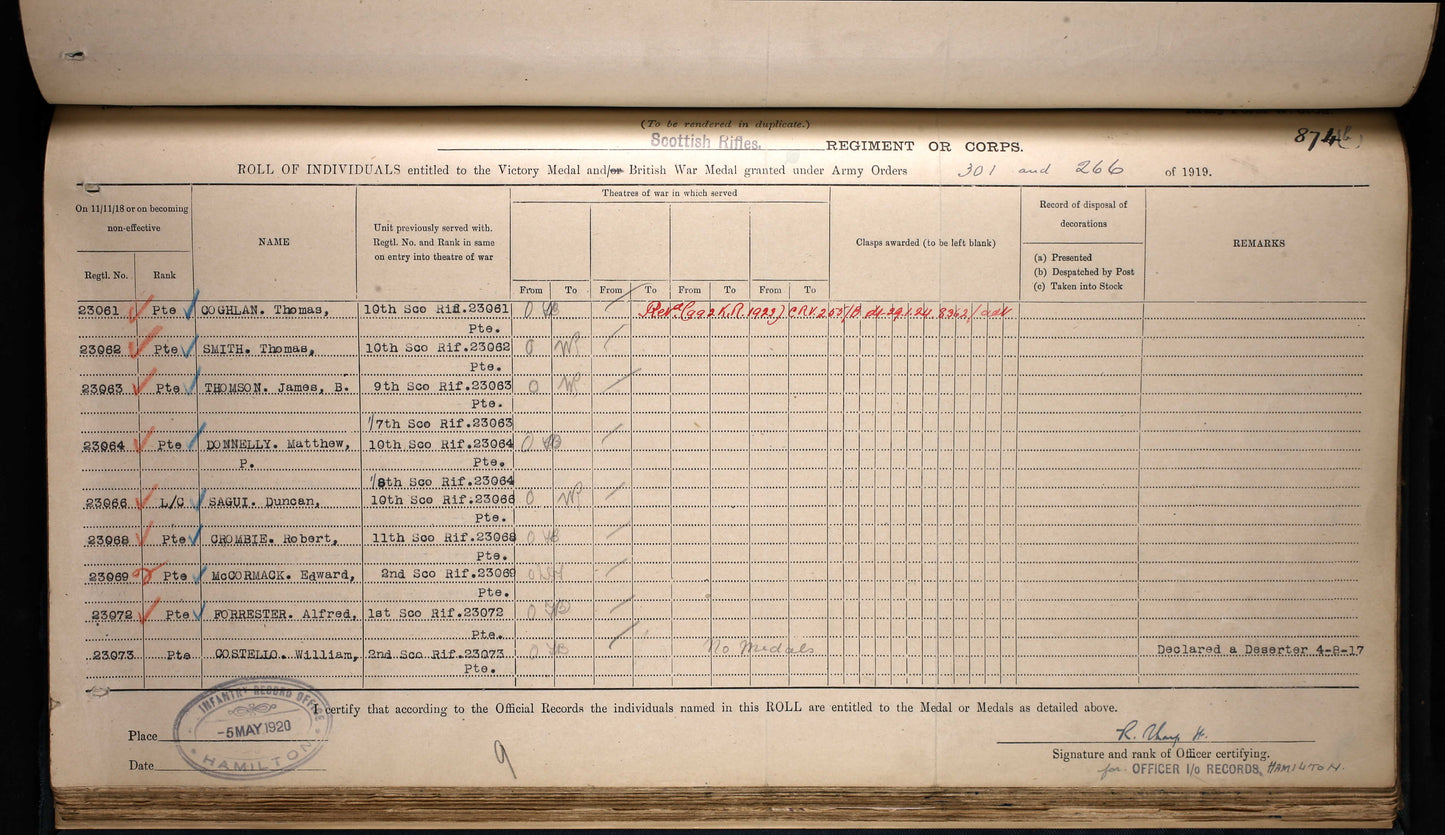 Scottish Rifles (Cameronians) - WW1 Military Medal Gallantry Group - From Paisley - Possibly POW