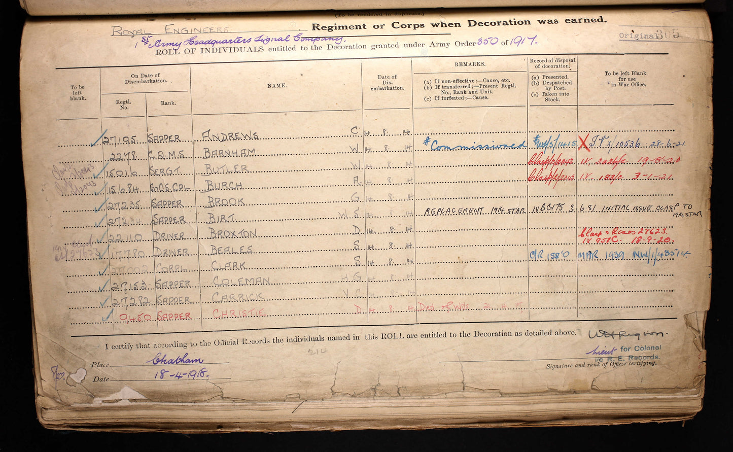Royal Engineers 1st Army HQ Sig. Coy. - 1914 Mons Star Victory Medal - Shepherds Bush