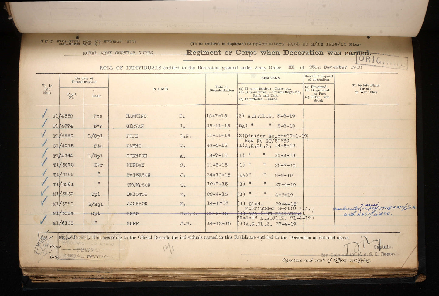 Army Service Corps - Died Wounds 1915, attd 28th Division Field Ambulance, RAMC - Birmingham - WW1 Medals
