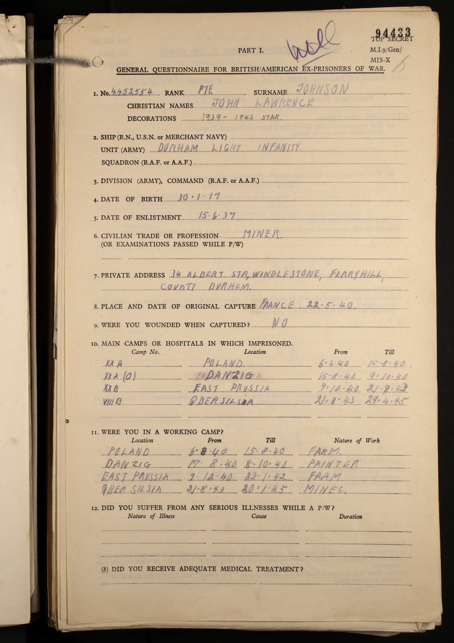 Durham Light Infantry Prisoner of War 1940 POW British WW2 Medal Group Co Durham