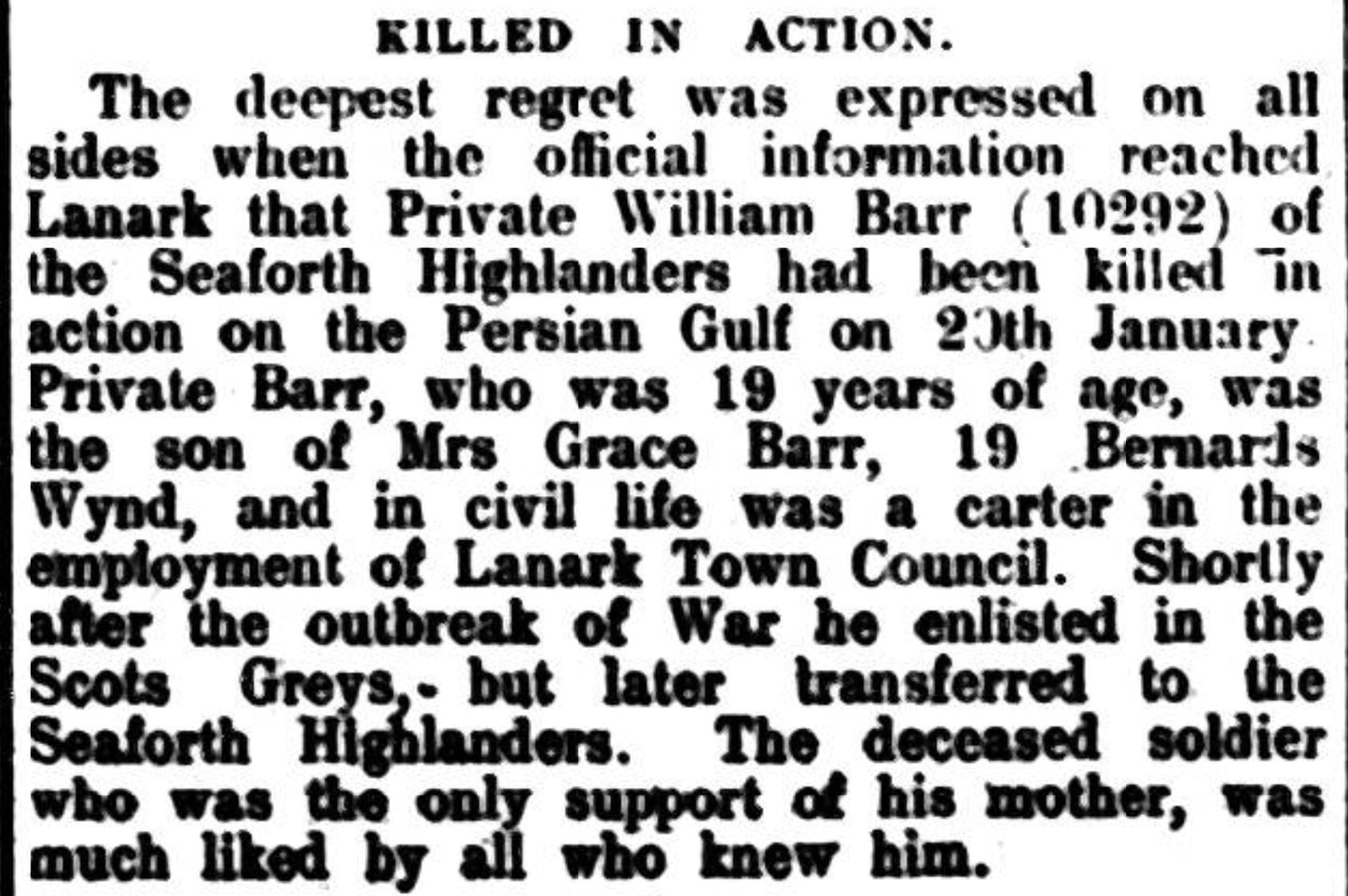 Seaforth Highlanders - Killed in Action Persian Gulf 1916 - WW1 Medal 1914-15 Star - From, Lanark