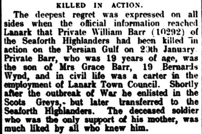 Seaforth Highlanders - Killed in Action Persian Gulf 1916 - WW1 Medal 1914-15 Star - From, Lanark