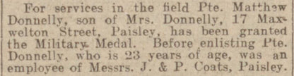 Scottish Rifles (Cameronians) - WW1 Military Medal Gallantry Group - From Paisley - Possibly POW