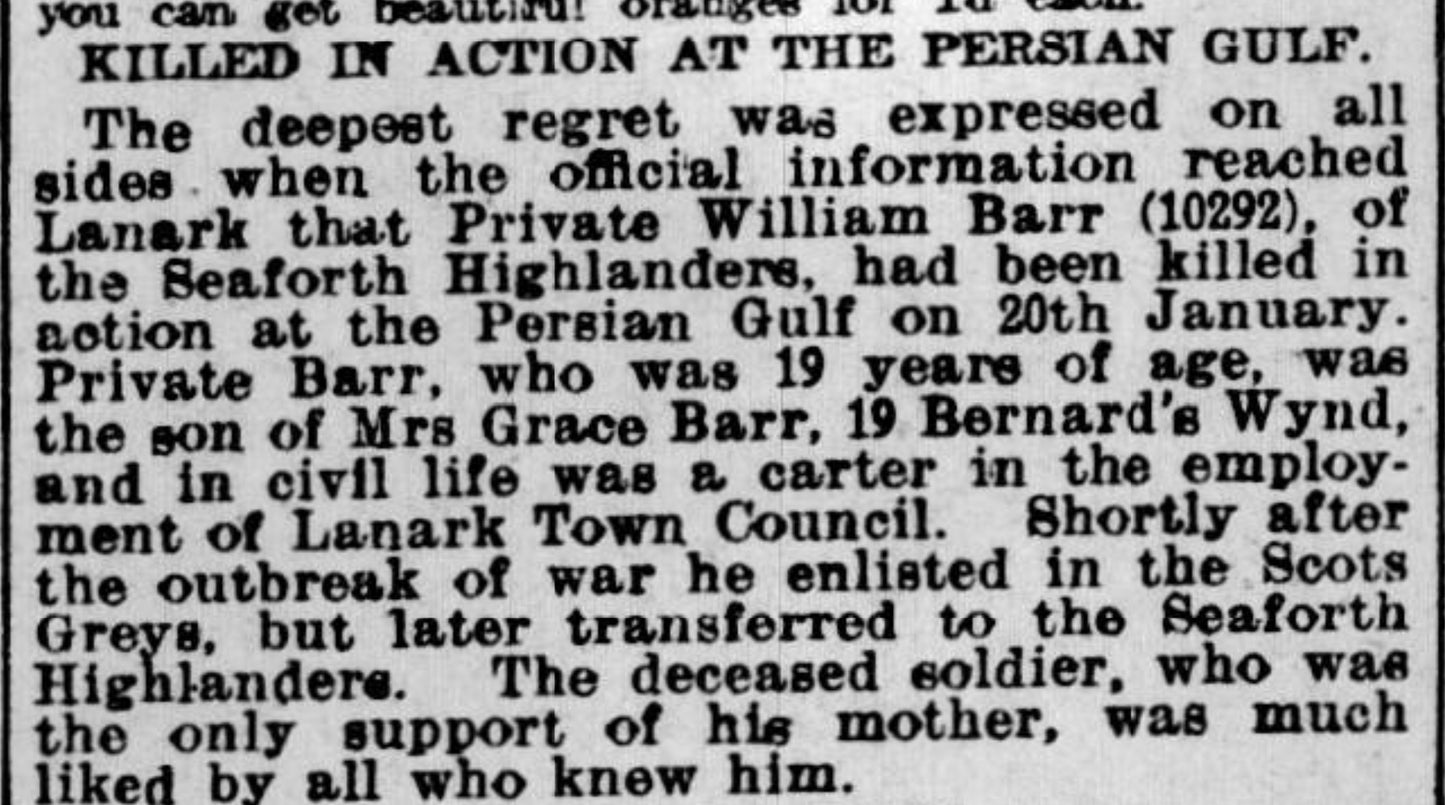 Seaforth Highlanders - Killed in Action Persian Gulf 1916 - WW1 Medal 1914-15 Star - From, Lanark