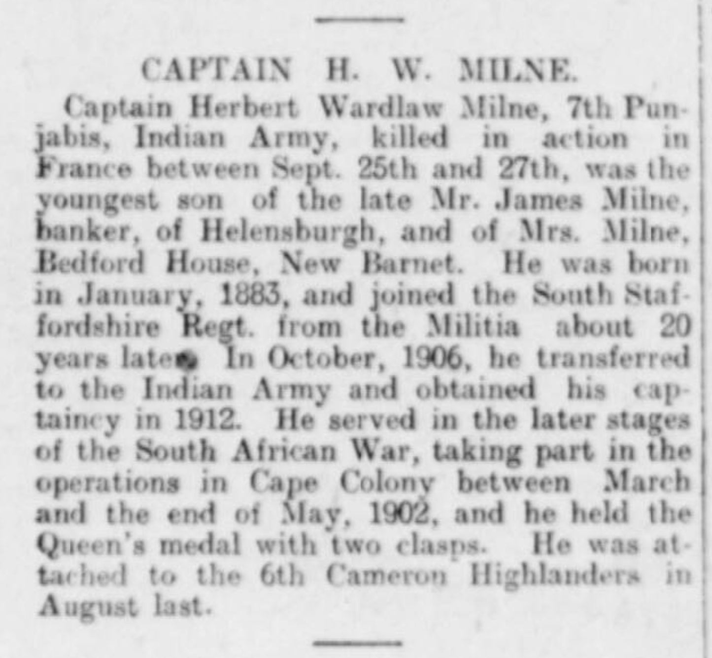 6th Cameron Highlanders KIA Loos 1915 VC Action Captain & Ad QSA Medal Sligo RGA