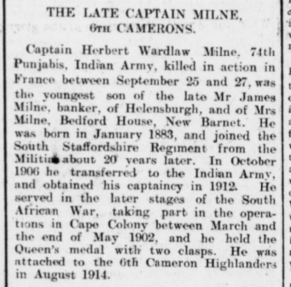 6th Cameron Highlanders KIA Loos 1915 VC Action Captain & Ad QSA Medal Sligo RGA