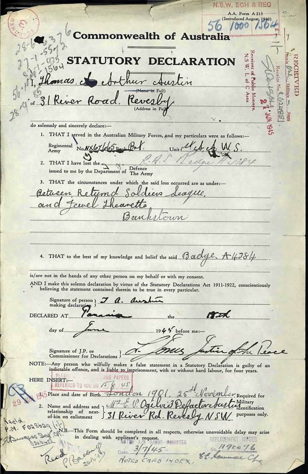 WW2 Australia Service Medal 1939–45 1 Ordnance Workshop Company Africa India