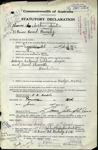 WW2 Australia Service Medal 1939–45 1 Ordnance Workshop Company Africa India