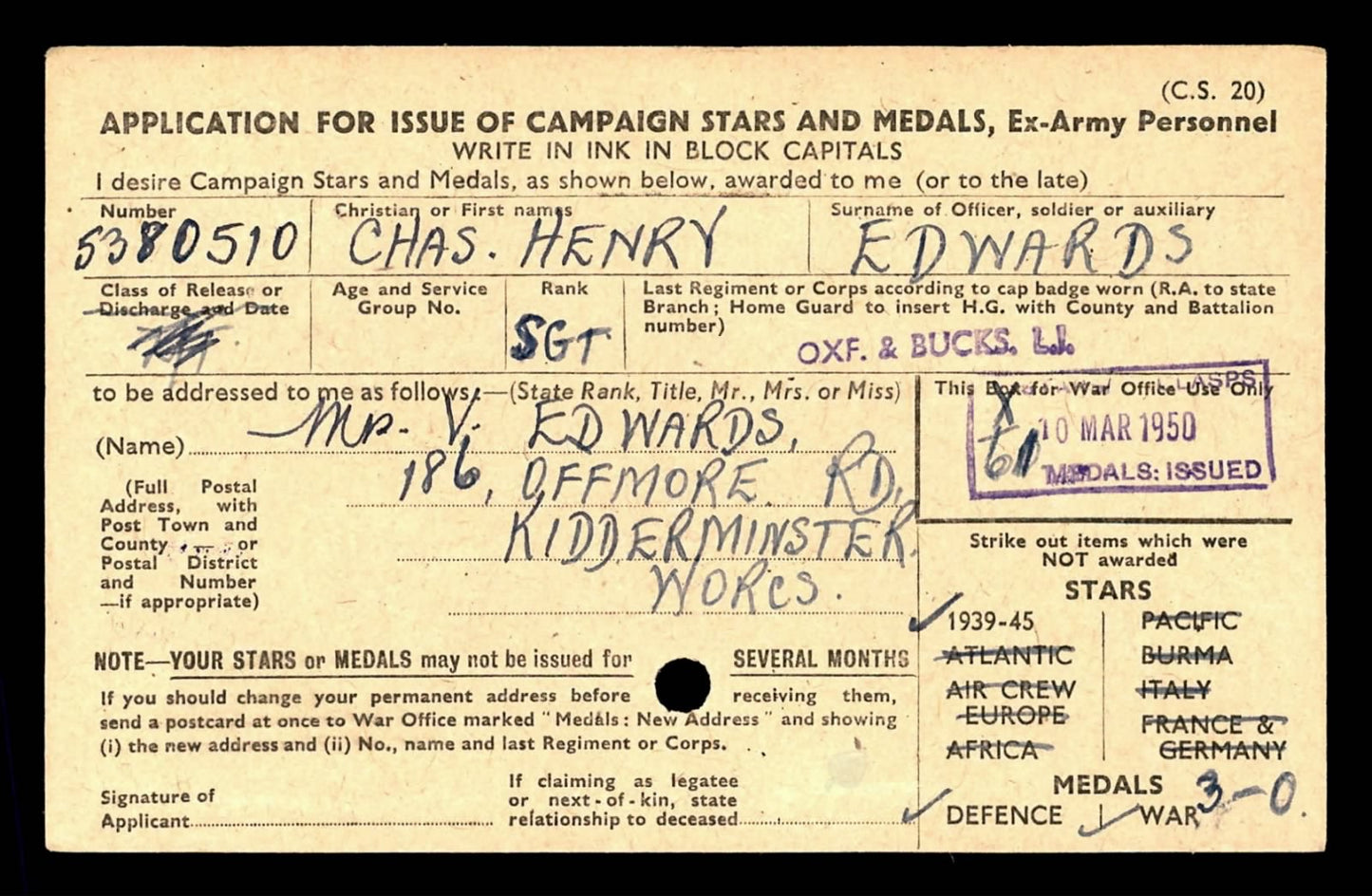 Oxfordshire and Buckinghamshire Light Infantry WW2 Medal Group Sgt. Accidentally Killed 1943