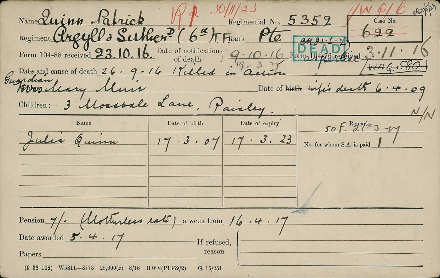 Argyll & Sutherland Highlanders - Killed in Action Somme 1916 Capture of Morval - WW1 Medal Pair - From Paisley