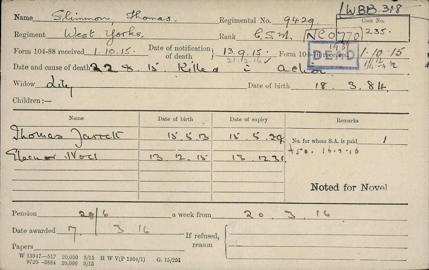 9th West Yorkshire Regiment - Company Sergeant-Major Killed in Action Gallipoli 1915 - Memorial Plaque